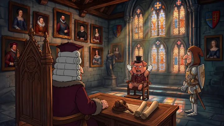 Tribunal medieval ilustrado: um porquinho de cartola e colete bordô levanta os braços em protesto numa cadeira de madeira; um juiz de peruca branca, de costas, está atrás de uma mesa com martelo e pergaminhos; um cavaleiro de armadura observa à direita. Retratos pendem das paredes de pedra e a luz atravessa vitrais coloridos.